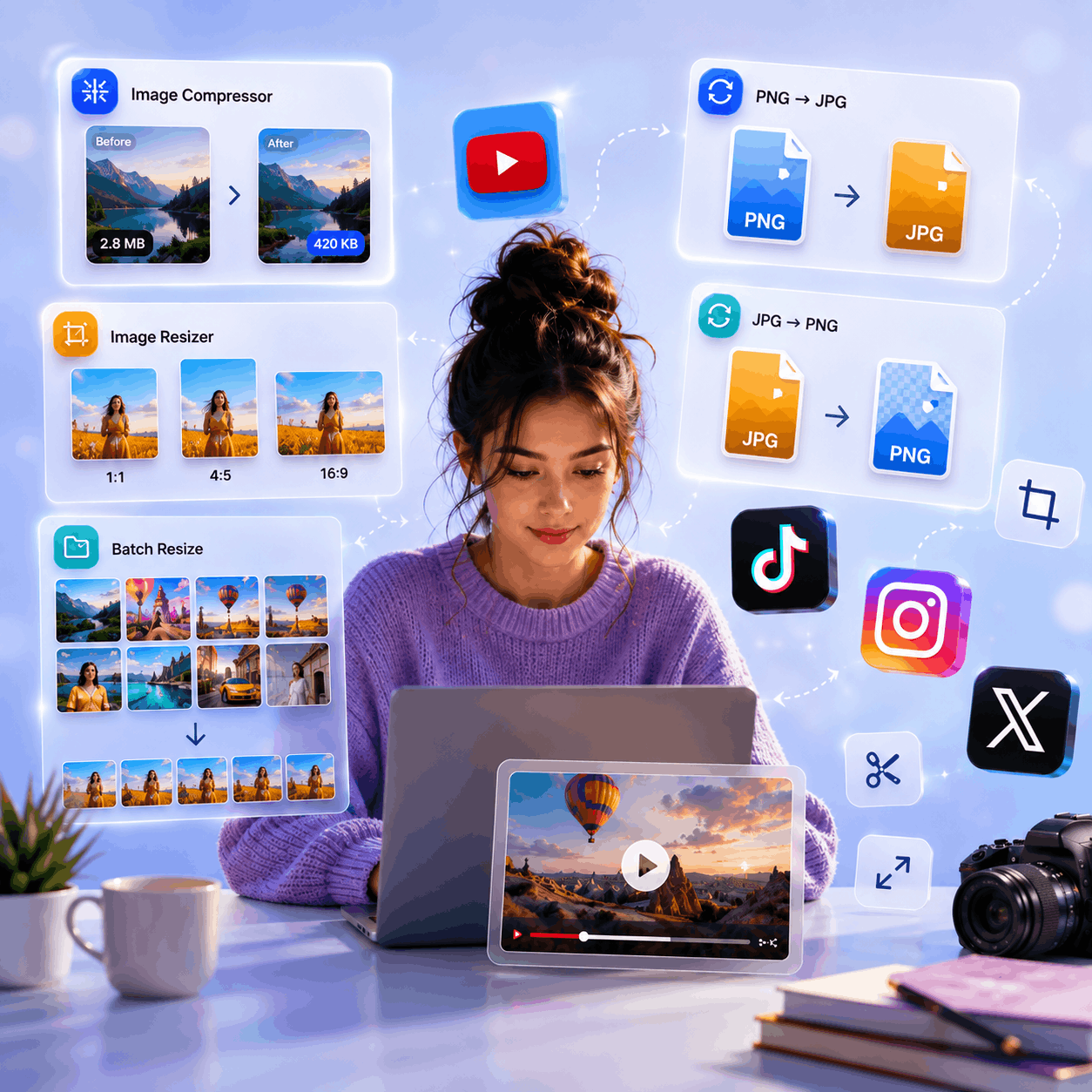 A creator at a laptop surrounded by resize and convert panels and the Instagram, TikTok, X and YouTube app icons