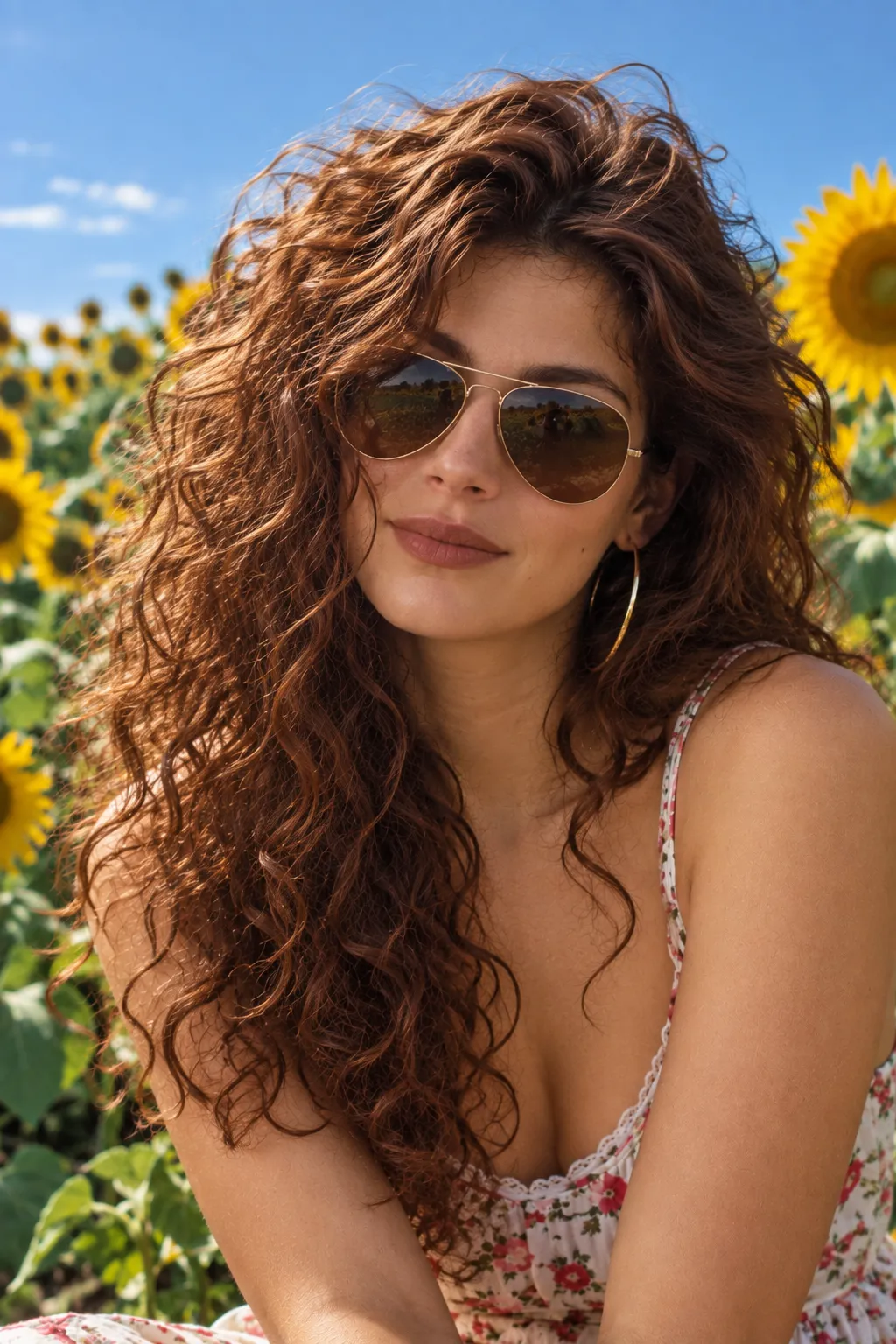 A woman with curly auburn hair and aviator sunglasses, switching between a sunflower field and a transparent background
