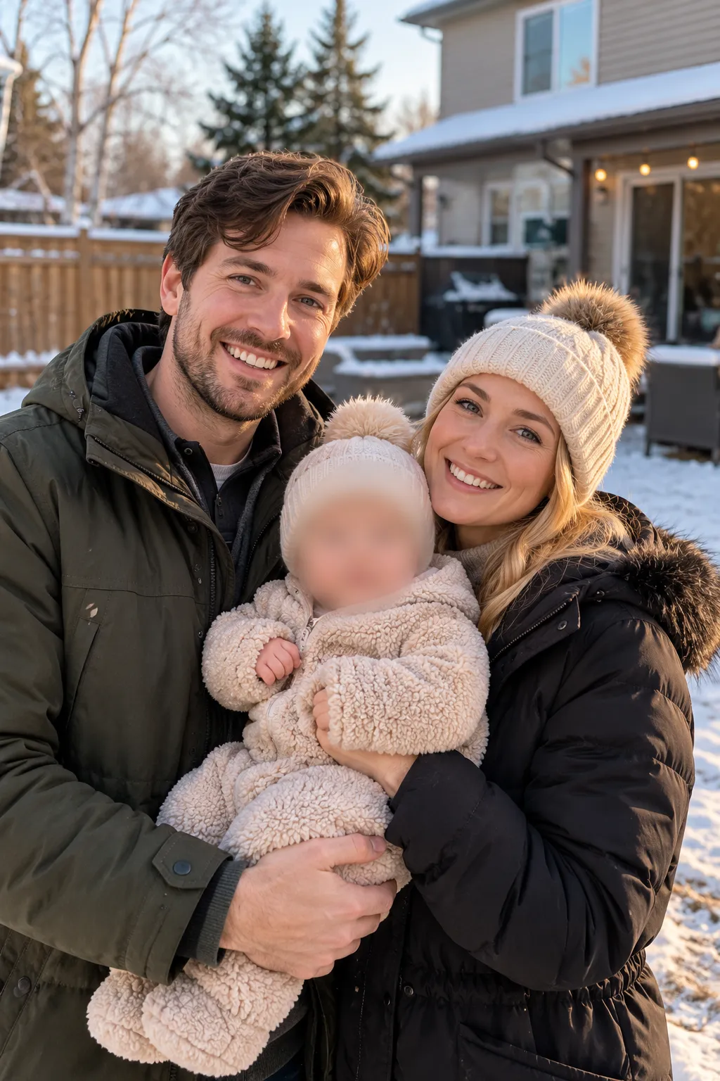 A smiling couple in the snow holding a baby whose face is blurred