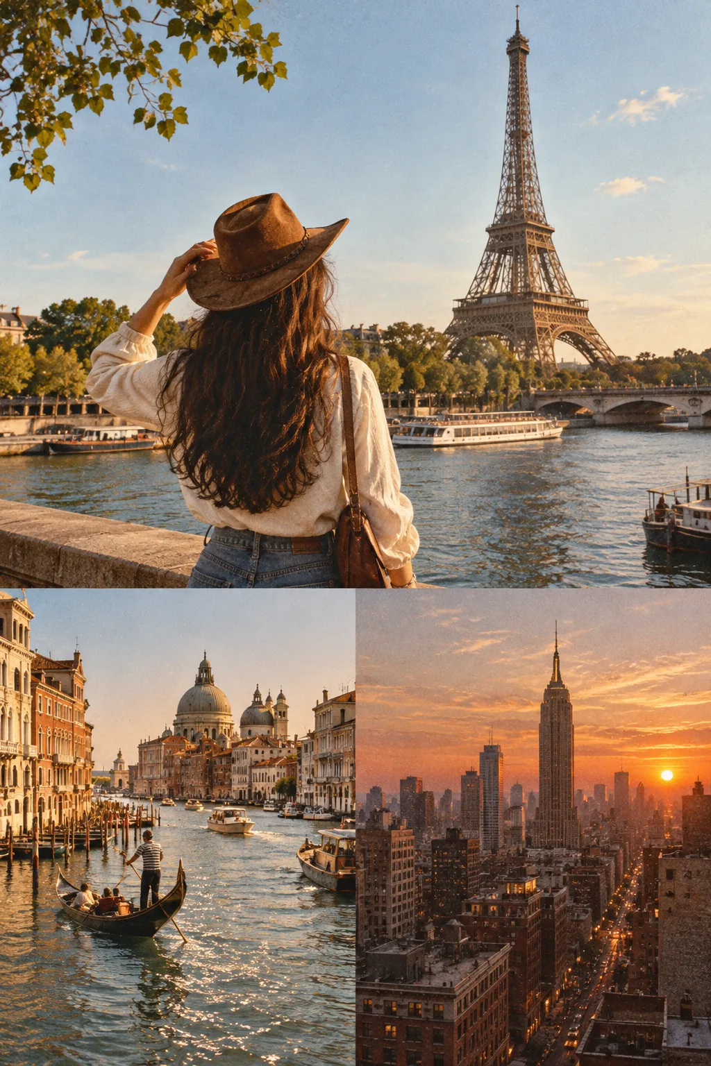 Paris, Venice and New York at sunset merged into one travel collage