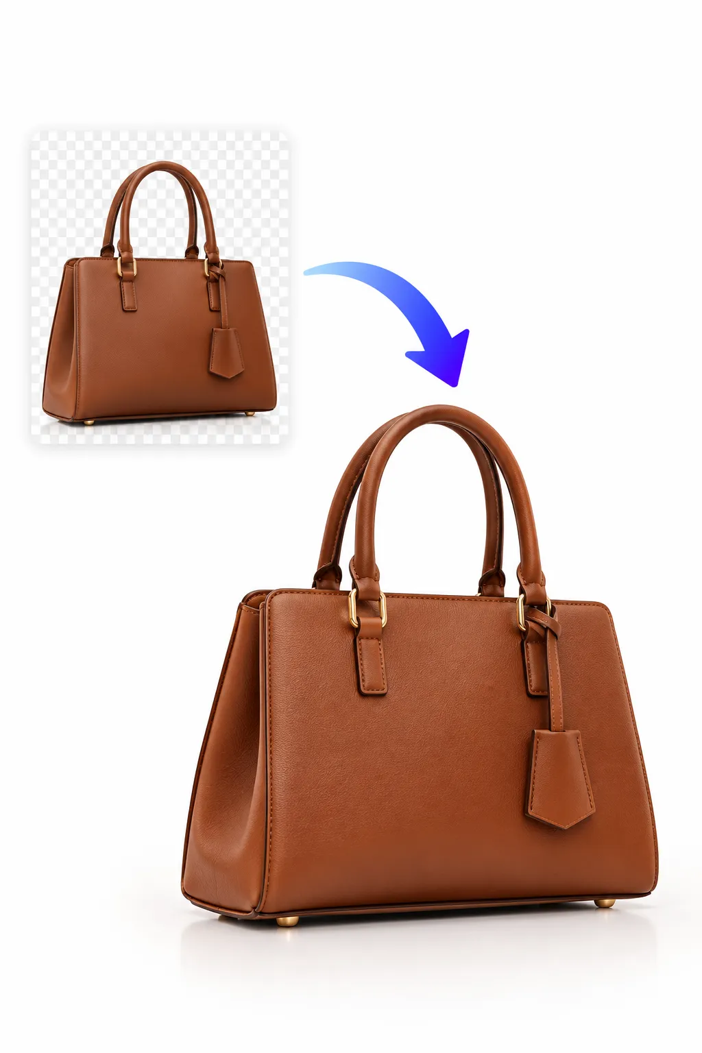 A brown leather handbag shown as a transparent PNG and again as a finished image